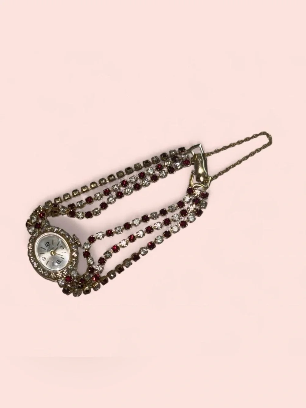 Vintage Eastman Quartz Rhinestone Cocktail Watch Gold Tone Ruby Red